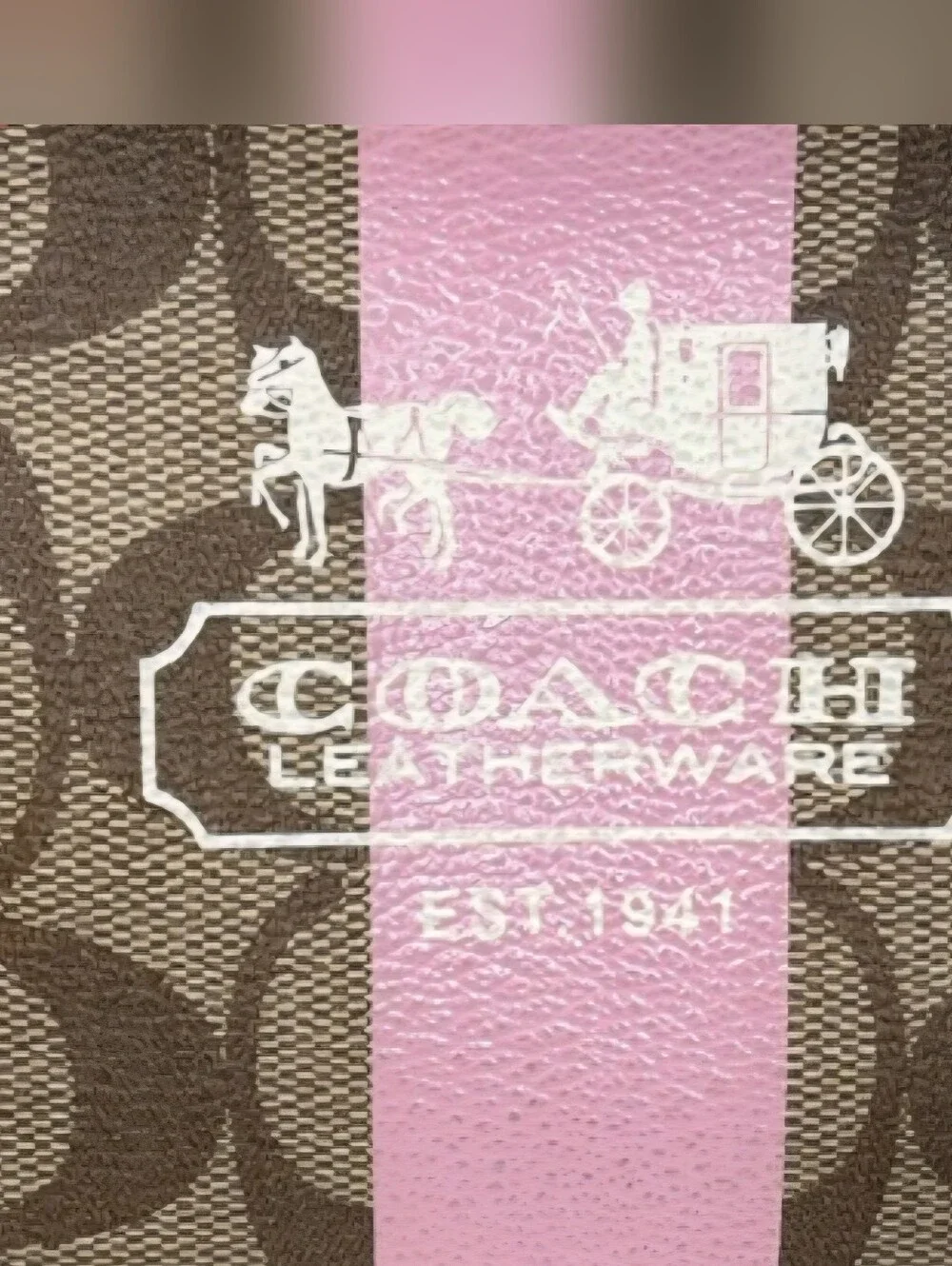COACH Signature Canvas Wristlet in Brown & Pink Tattersall Lining Red Strap
